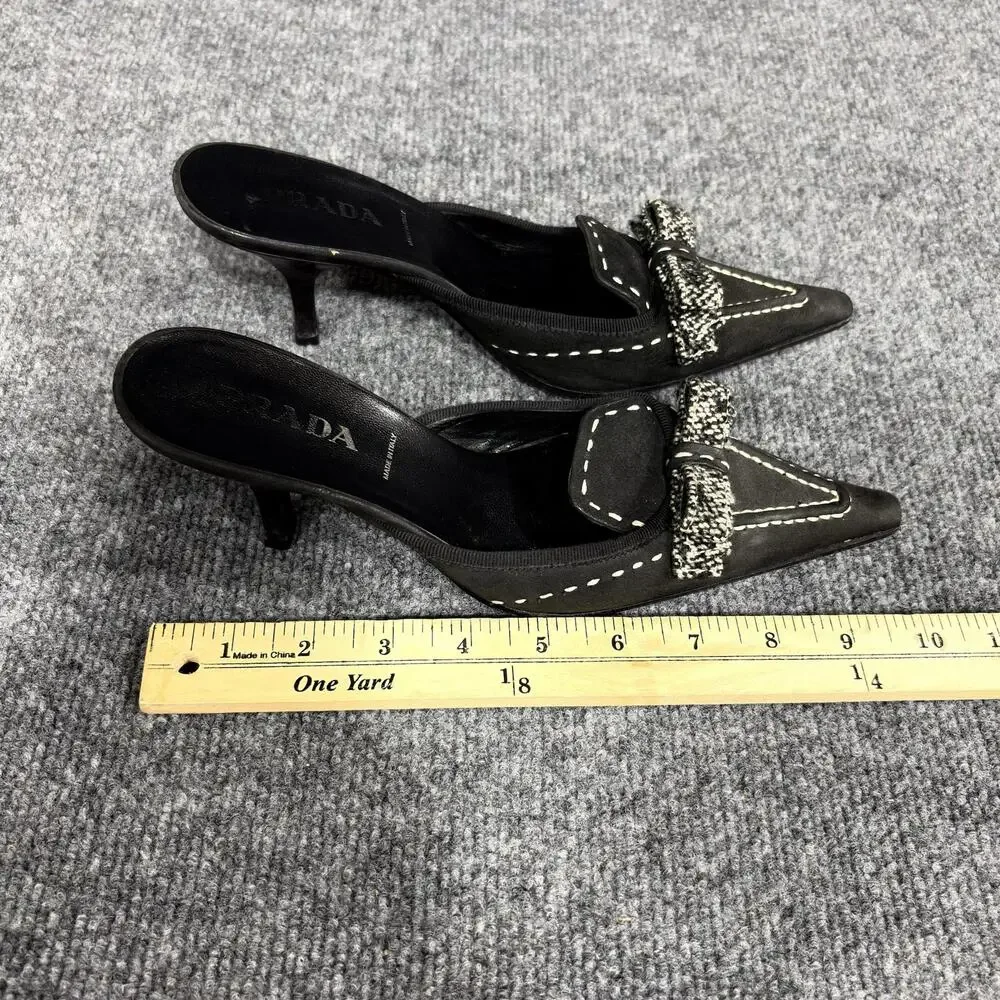 Prada Shoes Womens 6 EU 36 Black Suede Whipstitch Bow Mule Kitten Heels Italy